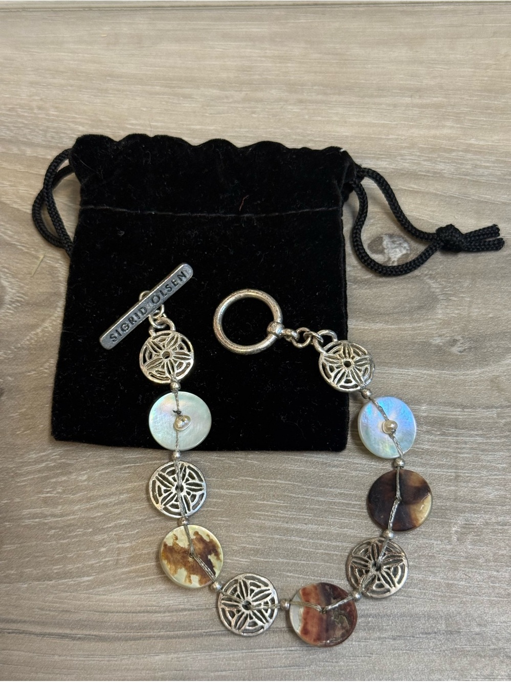 Sigrid Olsen Silver Filigree Bracelet with Iridescent and Brown Shell Discs